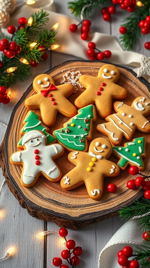 A variety of Christmas cookies on a wooden platter, decorated with icing and festive sprinkles, surrounded by holiday decorations.
